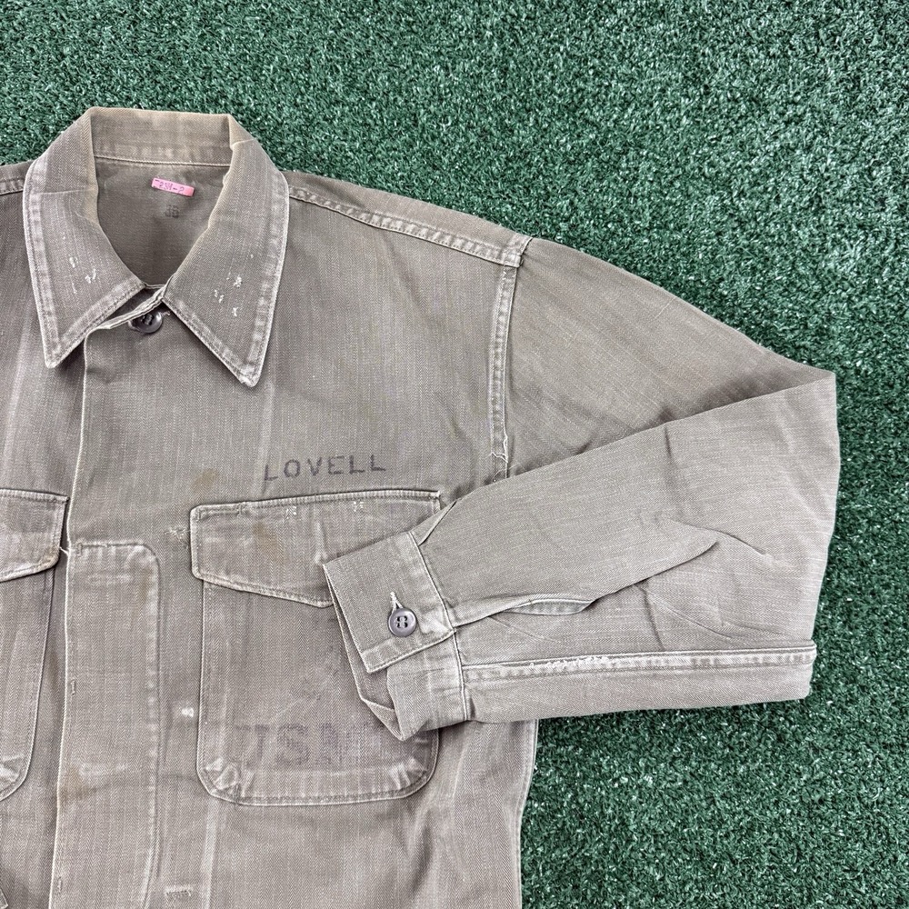 Vintage 60s USMC OG-107 USA Utility Button Up Shirt Mens Large Military Stencil